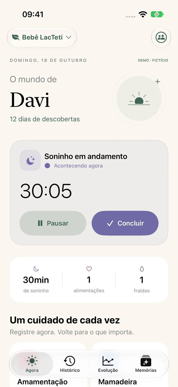 Tela real do Bebê LacTeti com um soninho em andamento e o resumo do dia. Dados fictícios.